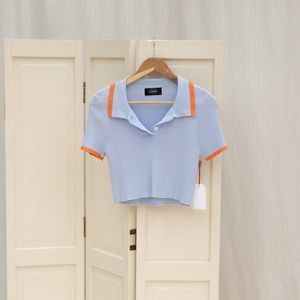 Blue Cropped Woven Polo